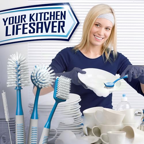 Dish Brush Set of 4 - Kitchen Scrub Brushes with Non-Slip Long Handle for Cleaning, Scrubber, Dishwashing, Dishes, Bottles, Straws, Cups, Pots & Sink, Blue - color: Blue