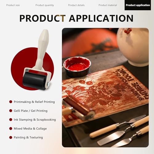 6 Pack Rubber Brayer Roller Kit, 3 Sizes Rubber Rollers with 3 Scrapers for Printmaking Wallpaper Ink Stamping Gluing Oil Painting Plastic Relief Crafting Art DIY - 1.4 in, 2.4 in, 4 in - size: 1.4", 2.4", 4"