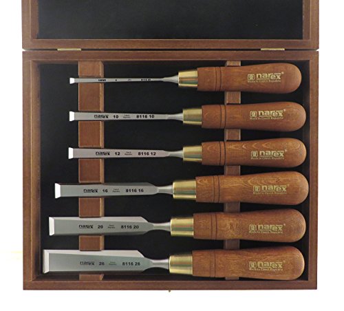 Narex Czech Steel Premium 6 pc set w/ 6 mm (1/4), 10 mm (3/8), 12 mm (1/2), 16 mm (5/8), 20 mm (13/16), 26 mm (1-1/16) Woodworking Chisels w/Hornbeam Handles in Wooden Presentation Box 853200
