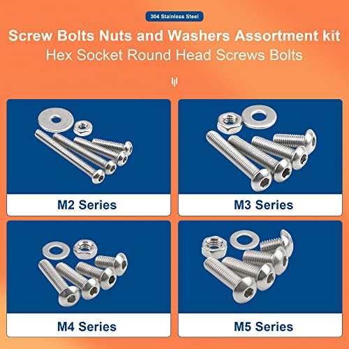 NINDEJIN Black & Silver Hex Socket Head Screws Bolts Nuts and Flat Washer Assortment Kit(Hex Socket Flat/Button/Cap Head) (580Pcs Hex Cap Head Socket Screws Nuts) - size: 580 Hex Button Head Socket Screws Nuts