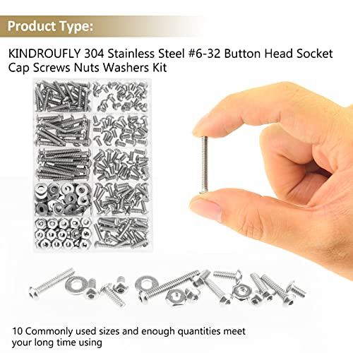 252 Pieces #6-32 x 3/16", 1/4", 5/16", 3/8", 1/2", 5/8", 3/4", 1", Button Head Socket Cap Screws Nuts Washers Assortment Kit, 304 Stainless Steel, Fully Machine Thread - size: #6-32, style: Button Head