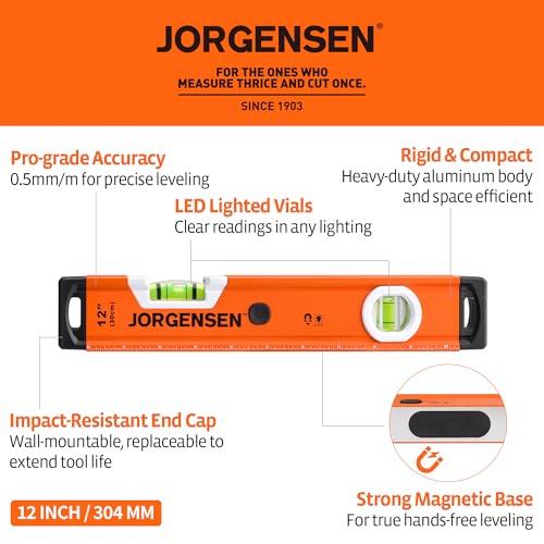 JORGENSEN 12" Magnetic LED Box Level, 90°/180° Torpedo Lighted Leveler Tool - size: 12 inch