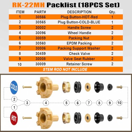 RK-22MH Outdoor Faucet Repair Kit for Woodford Model 22 Outside Faucets Parts Include Wheel Metal Handle Screws Packing Nut Washer Valve Seat Rubber, 18PCS Set - style: RK-22MH