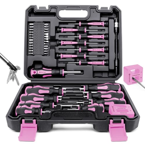 Magnetic Screwdrivers Set with Case, Amartisan 43-piece Includs Slotted, Phillips, Hex, Pozidriv,Torx and Precision Screwdriver Set, Magnetizer Demagnetizer Tools, Tools for Men (Pink)) - style: 43-piece Screwdrivers Set (Pink)