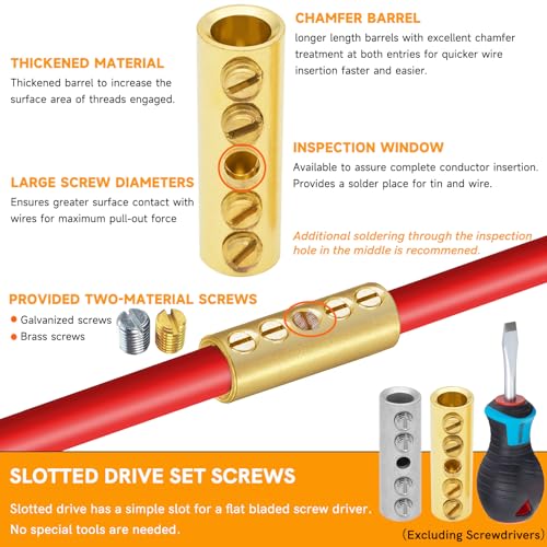 2 Gauge Wire Butt Connectors 6 PCS Brass Mechanical Butt Splice Connectors Kit 2 AWG Mechanical Repair Splice Kit Splice Screw Sleeves 6 PCS Mechanical Splices & 3:1 Heat Shrink Tubes - color: Bare Brass
