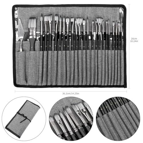 H & B 25 PCS Acrylic Paint Brush Set with Canvas Roll for Oil Watercolor - color: Black