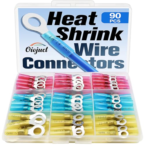 90Pcs Heat Shrink Wire Connectors Electrical Kit - Oiojuct Marine Automotive Wiring Crimp Terminals Assortment, Waterproof Ring Electrical Butt Connector