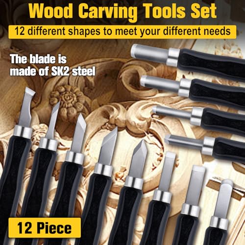 12 Pcs Wood Carving Tools Set SK2 Steel Small Wood Chisel, Multipurpose Hand Carving Knife Tool Kit with Storage Box, Sculpting Knife Kit for DIY Sculpture Carpenter Experts and Beginners