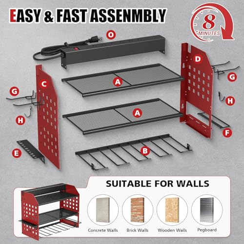 SUNALLY Power Tool Organizer Wall Mount with Charging Station,3 Layer, Red - style: 4 Drill Holders F