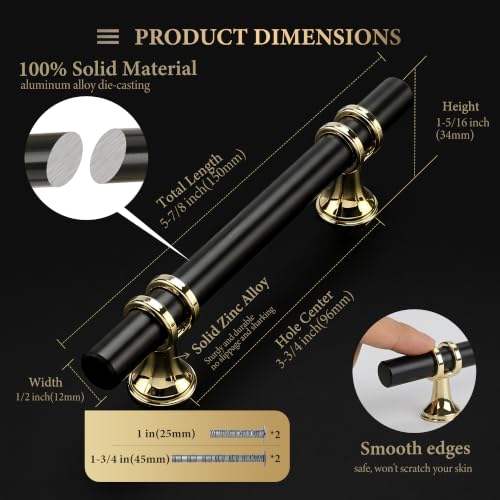 Haliwu 10 Pack 3-3/4 Inch Black and Gold Cabinet Handles | 96mm Hole Center, Solid Aluminum and Zinc Alloy, Kitchen Pulls Hardware for Bathroom Drawer Dresser - color: Black&Gold, size: 3-3/4 inch (96mm) hole spacing
