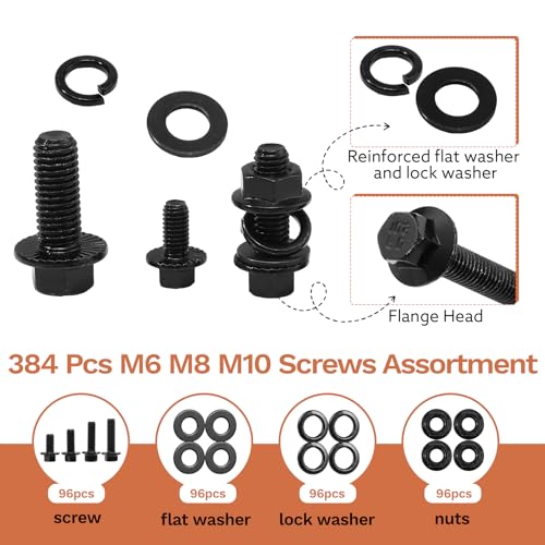 384-Piece Metric Flange Bolt Kit, M6 M8 M10, Black Alloy Steel - color: Black, size: M6 M8 M10 -384Pcs