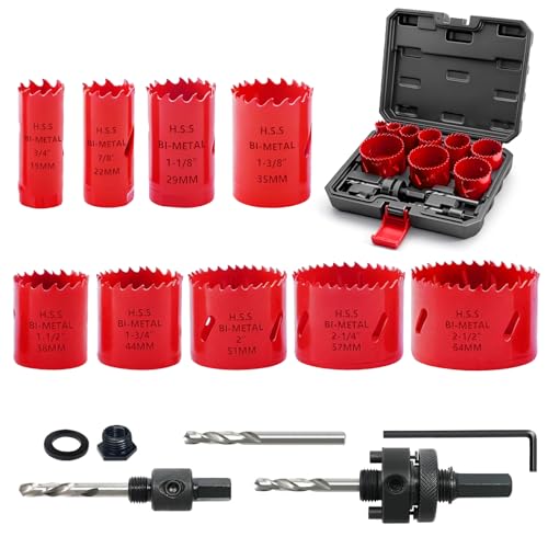 Greywolf 15 pcs Bi-Metal Hole Saw Set, M3 HSS Hole Saw Kit with 3/4"-2-1/2" (19-64mm) 9 pcs Hole Saw Blades, Boxed, with Arbor, Drill Bit, Hex Wrench, for Metal, Wood, Plastic - color: Red