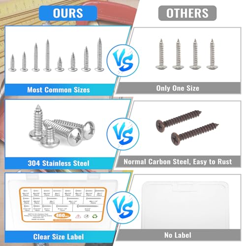 460PCS Stainless Steel Wood Screws Assortment Kit, 18 Sizes #4#6#8#10#12 Pan Head Sheet Metal Screws Self Tapping Screws Set for Wood Deck Drywall Concrete Screws, Length 1/4" to 2" - style: Silver Pan Head 460PCS
