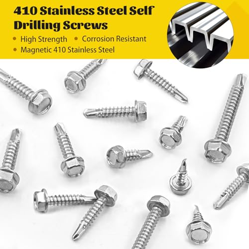 390Pcs #8#10#14 Self Tapping Screws Assortment Kit, 410 Stainless Steel Self Drilling Screws Set, Hex Washer Head Sheet Metal Screw Silver, Length 1/2" 3/4" 1" 1-1/2" 2" - size: 390pcs #8#10#14 Silver