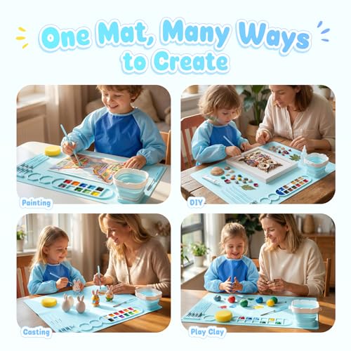 Zimuvora Silicone Painting Mat Set, Paint Mats for Kids with Foldable Silicone Cup, 4 Detail Paint Brushes, 2 Sponge Pads, Apron & Mixing Tool, Washable Art Table Mat (Blue) - color: Blue
