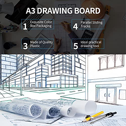 Zonon A3 Portable Drawing Board, Multi-Function Metric Drafting Table Drafting Board with Clear Rule Parallel Motion and Angle Adjustable Measuring System(A3) - size: A3