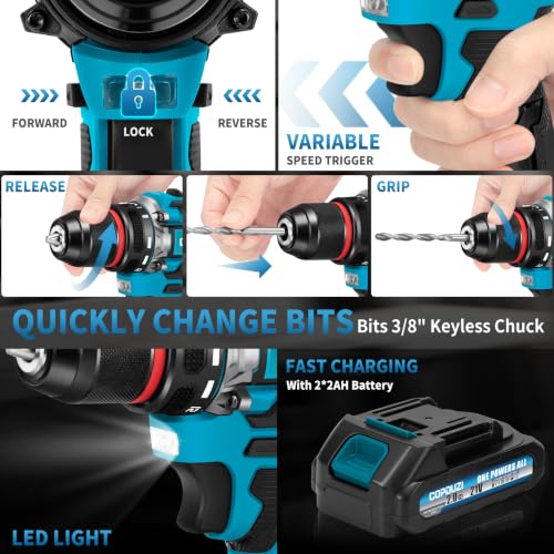21V Cordless Drill Driver Combo Kit, Brushless Power Drill Tool Set with 2x2.0Ah Battery, 210-PCs Portable General Basic Home Repair Tool Set, Electric Drill Kit for Daily Home Repair, DIY