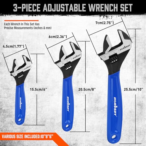 HORUSDY 3-Piece Adjustable Wrench Set (6/8/10 in), Wide Jaw Black Oxide Finish, Cr-V Steel, Metric & SAE Scales, Adjustable Spanner Set for Home Garage Workshop - style: 3PC Wide Jaw Set (6" 8" 10")