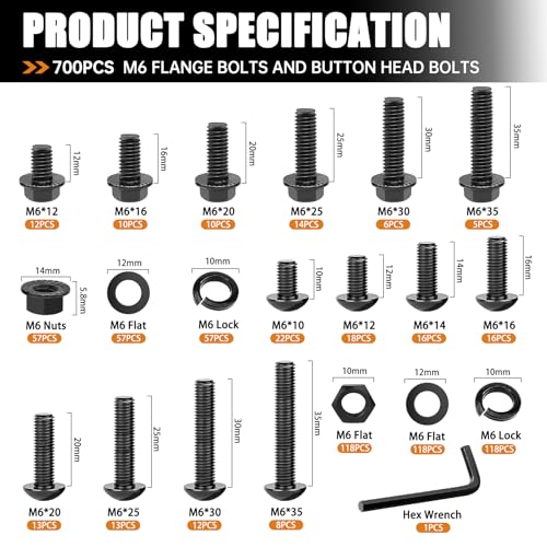 mankk 700PCS M6 Flange Bolt and M6 Button Head Hex Socket Cap Screws Assortment Kit M6×1.0 (10mm to 35mm) Metric Grade 10.9 Alloy Steel Class Hex Bolts and Nuts Washers Kit - color: Black-700PCS M6