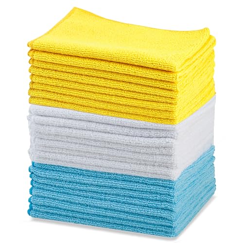 Amazon Basics Microfiber Cleaning Cloths, Ultra Absorbent, Lint Free, Streak Free, Non-Abrasive, Reusable and Washable, 16" x 12", Blue/White/Yellow, Pack of 24 - color: Blue/White/Yellow, size: 24-Pack