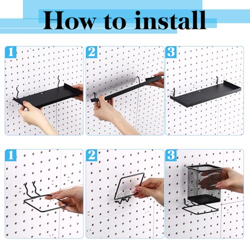 12 Pack Pegboard Organizer Accessories - 6 Pegboard Pencil Cups Holder Peg Board - 6 Shelves Metal Shelf Brackets - Tools Storage Arrange System Kit for Office Garage Room