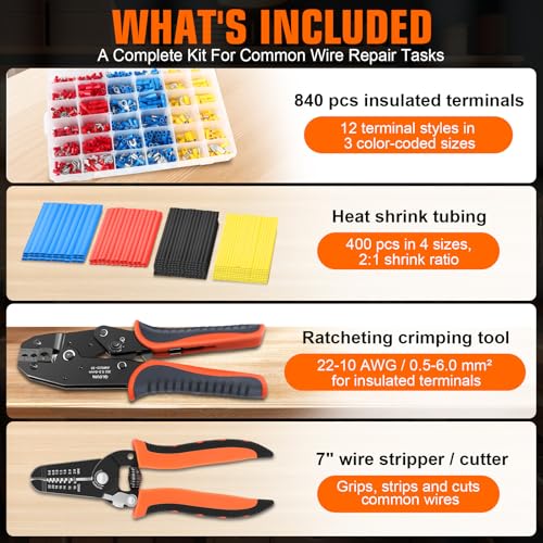1242PCS Wire Terminal Crimping Tool Kit, 840PCS Insulated Connectors, 400PCS Heat Shrink Tubing, Ratcheting Crimper, Wire Stripper Cutter, 22-10 AWG - color: 1242pcs