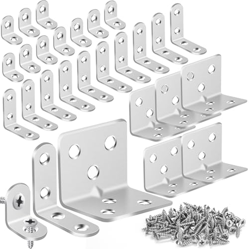 MAPVOLUT 25Pcs Silver L Brackets for Shelves, 3 Sizes Angle Corner Braces Metal L Bracket Heavy Duty for Wood, Sturdy and Rustproof for Repairing Furniture with 82Pcs Screws Mounting Bracket Easily - size: 3 SIZE Silver