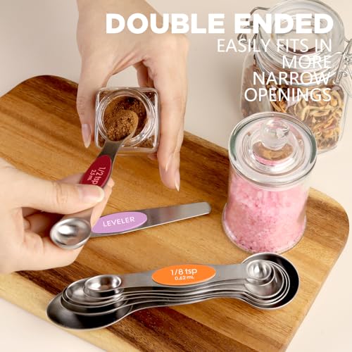 ChefAide Set of 8 Magnetic Measuring Spoons, Stainless Steel, Dual Sided - color: Multicolor-2, size: Magnetic Measuring Spoons