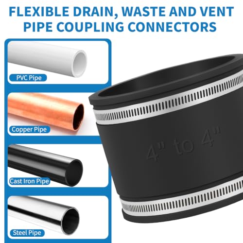 Flexible PVC Pipe Coupling with Stainless Steel Clamps Fit 1 IN Nominal Pipes, Couplers for Plastic and Copper Pipe Plumbing Connections, Drain Repair, Dust Hose (2, 4 in) - size: 4 in