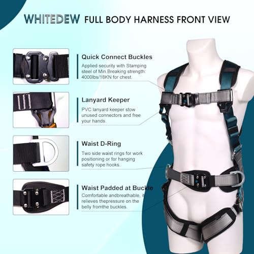 Fall Protection Premium Safety Harness with Shock Absorbing Lanyard, Vented & Padded Shoulder, Legs & Back - Upgrade 4 Quick Buckles (Dark Green) - color: Dark Green