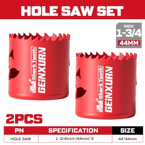 Geinxurn 1-3/4 Inch(44mm) Hole Saw, 2PCS HSS Bi-Metal Hole Saw Kit with Shark Tooth Hole Cutter for Wood,Drywall, PVC Boards and Thin Metal - color: 2 PCS 1-3/4"