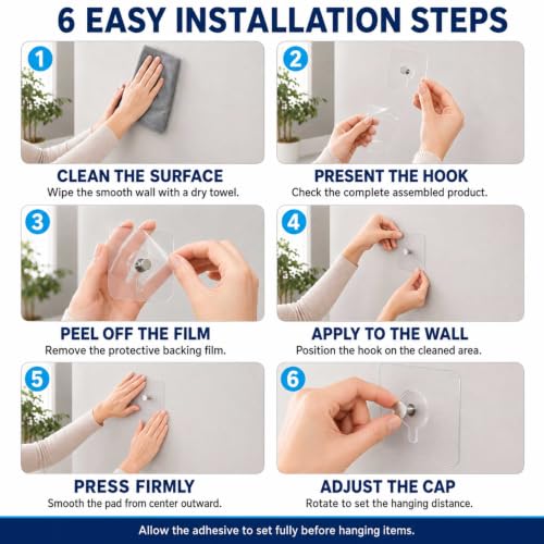 Adhesive Wall Hooks Heavy Duty, No-Drill Clear Hooks for Bathroom and Kitchen, Water-Resistant Holders for Towels, Keys and Small Accessories, 10 Pack
