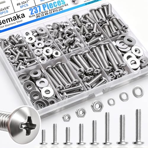 Nuts and Bolts Assortment Kit, 304 Stainless Steel Bolts 8 Sizes #6-32#8-32#10-24 Phillips Pan Head Machine Screws, Assorted Bolts, Nuts and Washers Kit (237PCS) - size: 236PCS