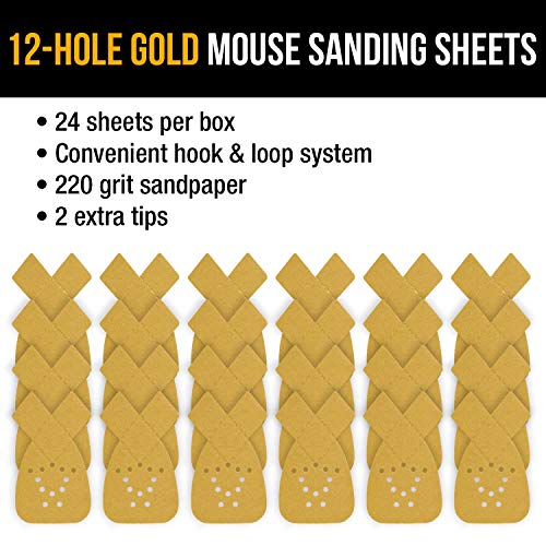 Dura-Gold Premium Mouse Detail Sander Sandpaper Sanding Sheets - 220 Grit (Box of 24) - 12 Hole Pattern Hook & Loop Triangle Shaped Mouse Discs - Fits Black and Decker, Woodworking Wood Crafting, Auto - size: 220-Grit
