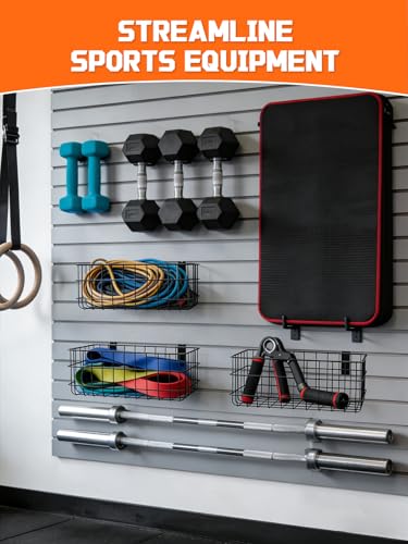 AZUNO 4 Pack Slatwall Baskets Set, Heavy Duty Metal Slat Wall Accessories Wire Baskets, Hanging Storage Organizer for Garage, Shop, Retail Display, Fits Standard Slatwall Panels - size: 4 Wire Baskets