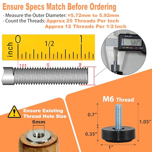 M6 Adjustable Furniture Leveler, 12 Pack Rubber Leveling Feet Screws in Threaded, Feet Levelers Screw On Furniture Glide Leveling for Table, Chair, Furniture Legs - size: Metric M6| Replacement Only (No Nut)