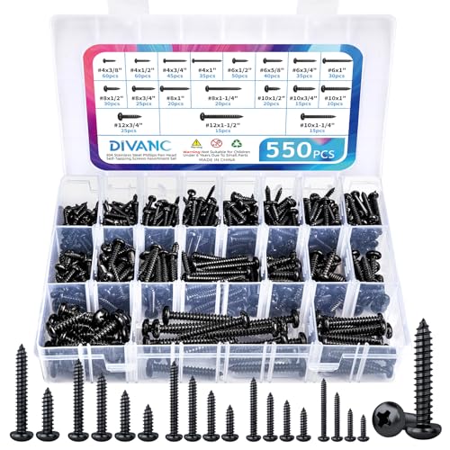 550Pcs 304 Stainless Steel Black Wood Screws Assortment Kit, Phillips Pan Head Sheet Metal Screw Self Tapping Screws Set, #4#6#8#10#12 Wood Assorted Screws (Black-Pan Head 550PCS) - style: Black-Pan Head 550PCS