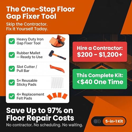 Floor Gap Fixer Tool, Fix Laminate LVP & Vinyl Plank Floor Gaps Without Contractor, Heavy Duty 45° Double-Sided Strike, 5-in-1 Complete Kit with Silicone Suction Cup, Rubber Mallet & Slot Cutter
