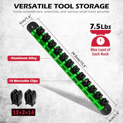Magnetic Screwdriver Organizer and Wrench Organizer, 14-Slot Screwdriver and Wrench Holder, Magnetic Aluminum Rail Tool Organizer for Tool Box Drawer Wall-Mount Storage, Green (Tools not Included) - style: 1-Pack Green (14-Slot)