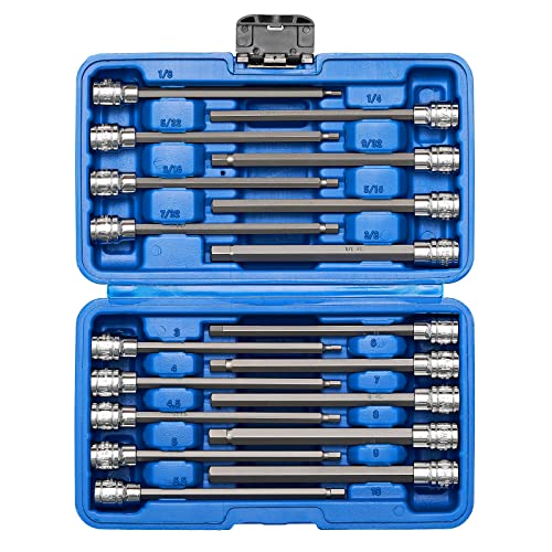 Mayouko 3/8" Drive Extra Long Allen Hex Bit Socket Set, S2&CR-V, Metreic&SAE, 18 Pieces, 1/8" - 3/8", 3-10 mm - style: Hex(SAE&Metric)