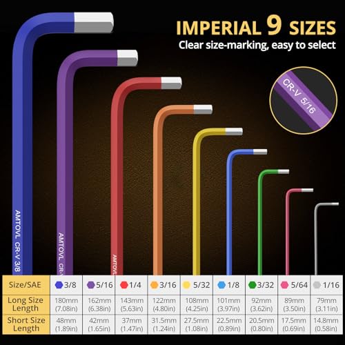 AMTOVL Hex Key Set, 9PCS Imperial Allen Key Set, 1/16-3/8Inch,Long Ball End - size: 9 PCS SAE SET