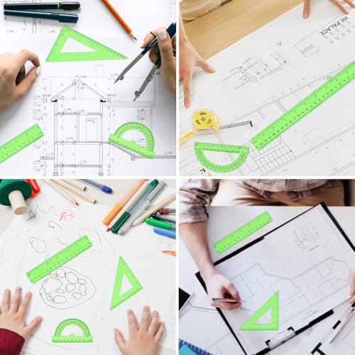 Plastic Clear Ruler Math Set, 6" | 12" Straight Ruler Protractor, 2 Protractors 180 Degree 2 Triangle Rulers 45 | 60 Degree 2 Straight Rulers Measuring Tool for School Office Home Supplie,Green - color: Green
