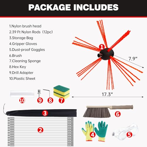 39 Feet Chimney Sweep Kit, Chrome Button Locking System, Chimney Cleaning Kit, Chimney Brush, Chimney Cleaning Tool, Chimney Cleaning System with 12 Flexible Chimney Rods - size: 39 FT