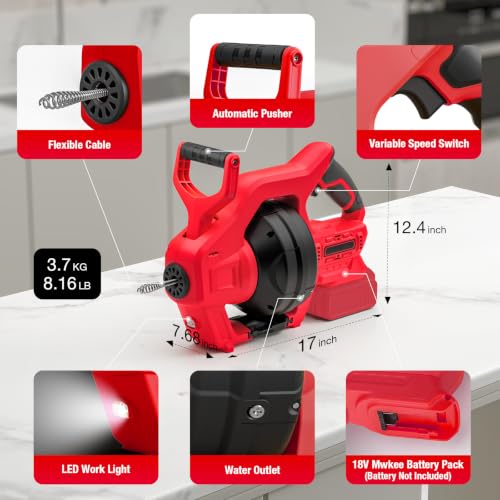 Cordless Electric Drain Auger Compatible with Milwaukee 18V Battery - color: Red