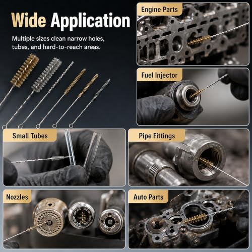 14PCS Tube Cleaning Brush Set, 7 Brass & 7 Stainless Steel Wire Brushes, 12 Inch Long Pipe Cleaner Kit, 7 Sizes Round Bore Brush for Engine Parts, Fuel Lines, Auto Parts, Pipes, Tubes & Nozzles
