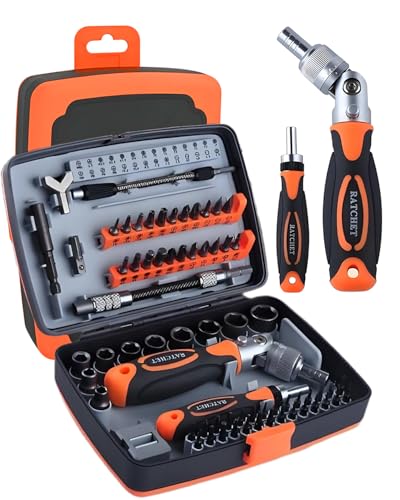 Ratcheting Screwdriver Set, 68 in 1 Socket Set & Magnetic Screwdriver Bit Set with Rotatable Ratchet Handles, Extensions Bar and Storage Case for Phone, Computer, Bike, Car, Electronics Maintenance - color: Orange