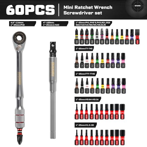 Geinxurn 60Pcs Mini T-Handle Ratchet Wrench Set, 72-Tooth Reversible Ratchet with Extension Bar,1/4" Socket Adapter, and 1”Impact (Phillips/Torx/Hex) Screwdriver Bit Stored in Coded Base for Repair - size: 60pcs-Storage