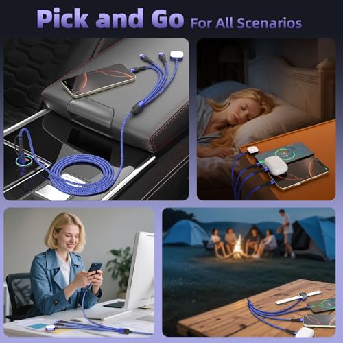 4 IN 2 Multi Charging Cable with 3 USB-C/iWatch Charger, Travel Essentials - color: Purple, size: 2Pack 5FT