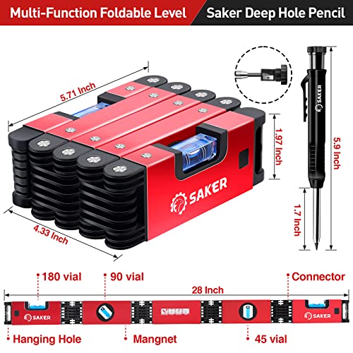 Saker Multi-Function Foldable Level and Deep Hole Pencil Set,Gifts for Men,Perfect Set of Multi-Angle Measurement Woodworking Tools and DIY Woodworking Scribe Gauge Scriber Line Maker Measuring Tool - style: Set of 28 Inch Foldable Level and Deep Pencil