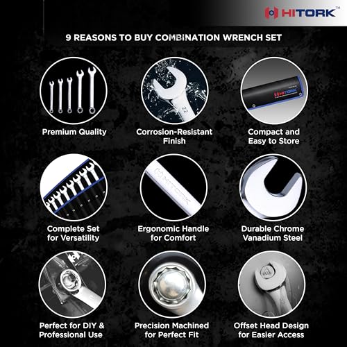 Hitork 24-Piece Combination Wrench Set, SAE (1/4"–1") & Metric (8–24mm), Cr-V Steel, Mirror Chrome Finish, 12-Point Box End, 15° Offset, with Roll Pouch – Ideal for Home, Garage & Auto Repair - style: 24 Piece Set SAE & Metric